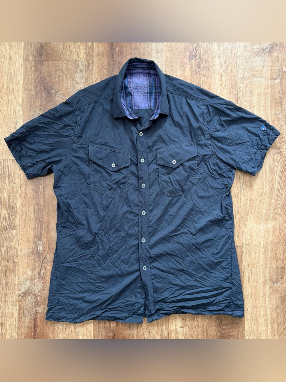 Kuhl Mens Medium Eluxur Shirt Short Sleeve Button Up Dark Gray Mountain Hiking